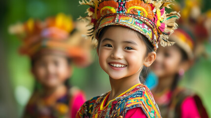Fototapeta premium Children in traditional costumes performing a folk dance, smiles on their faces