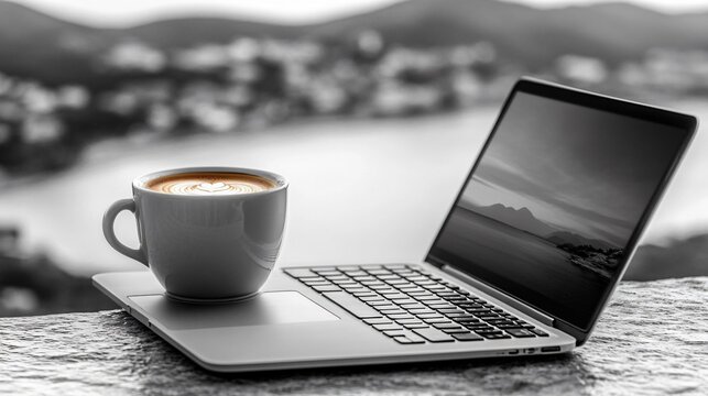 Relaxing Latte Coffee Break with Laptop Scenic View
