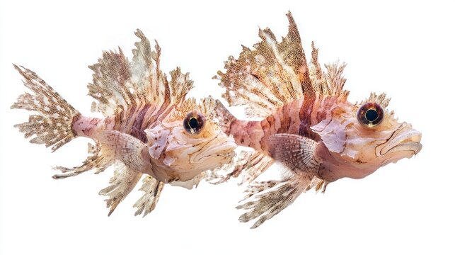 Two ornate ghost pipefish swim side-by-side against a white background.