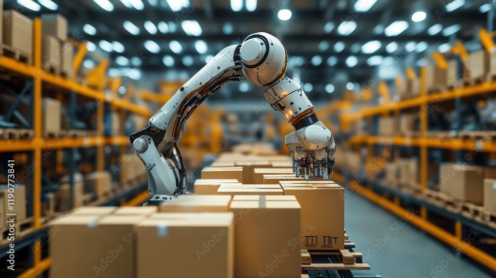Poster advanced robotic arm operating in a modern smart warehouse environment with organized storage and ef