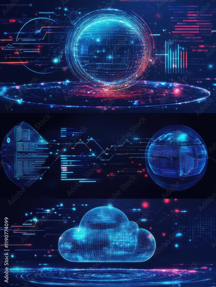 Poster global communication abstract concept vector illustration set. cloud management, cross-platform soft
