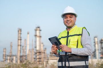 Asian male engineer wearing a safety uniform stands in front of an oil refinery with a tablet device monitoring the work in the background of the oil refinery. Petrochemical Gas Industrial Zone