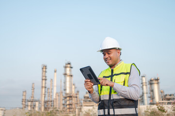 Asian male engineer wearing a safety uniform stands in front of an oil refinery with a tablet device monitoring the work in the background of the oil refinery. Petrochemical Gas Industrial Zone