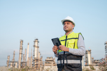 Asian male engineer wearing a safety uniform stands in front of an oil refinery with a tablet device monitoring the work in the background of the oil refinery. Petrochemical Gas Industrial Zone