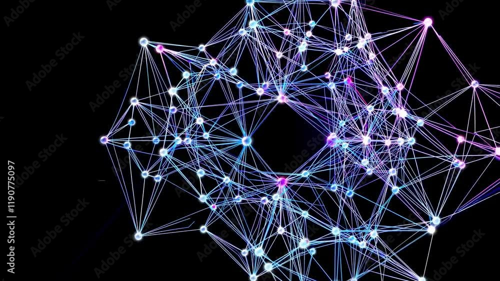 Poster exploring complex connections in a glowing network of nodes and lines