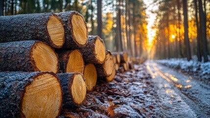 Stunning Stacked Logs in a Frosty Forest Path at Sunrise