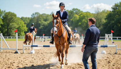 Focused equestrian team practicing jumps at course, teamwork and precision