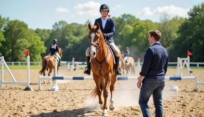 Fototapete Focused equestrian team practicing jumps at course, teamwork and precision © Alex_Kalin