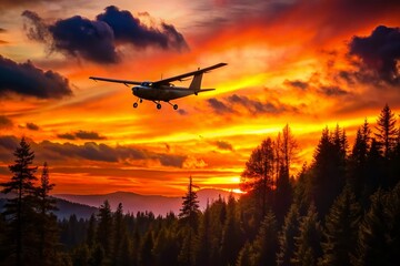 Silhouette of Airplane Soaring Above Lush Evergreen Forest at Sunset