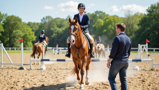Focused equestrian team practicing jumps at course, teamwork and precision