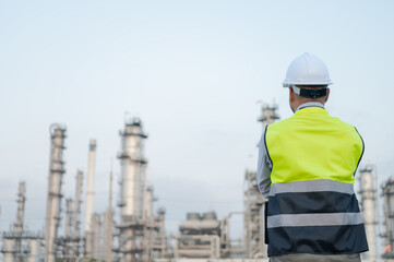 Asian male engineer wearing a safety uniform stands in front of an oil refinery with a tablet...