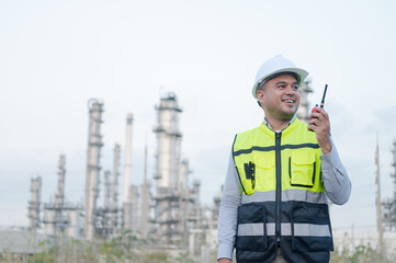 Asian male engineer standing and inspecting work with his finger pointing Wearing a safety uniform, standing in front of an oil refinery with a walkie-talkie device. Ordering work at an oil refinery