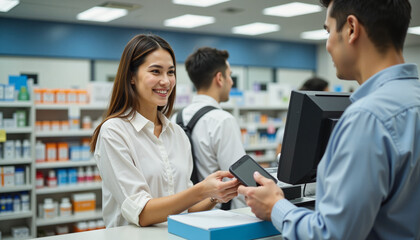 Fototapeta premium Smiling Asian female cashier assisting customer at busy pharmacy, retail service