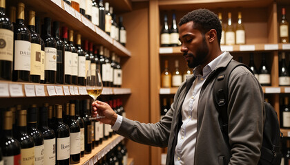 Black male customer evaluating wine selection in upscale shop, choice