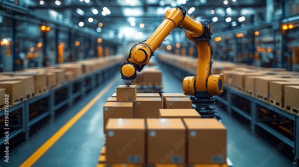 Poster advanced automation in smart warehouse with robotic arm sorting packages efficiently in modern distr