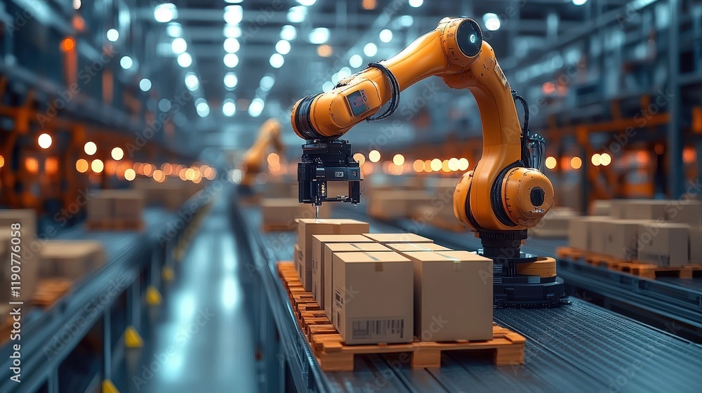 Poster smart warehouse automation with robotic arm handling boxes efficiently in a modern logistics facilit