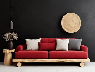 Stylish red sofa interior design modern home cozy lifestyle minimalist environment contemporary concept