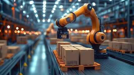 Fototapeta premium Smart Warehouse Automation with Robotic Arm Handling Boxes Efficiently in a Modern Logistics Facility