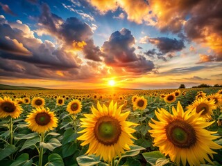 Fototapeta premium Golden Hour Sunsets: Vibrant Sunflower Field with Curly Clouds