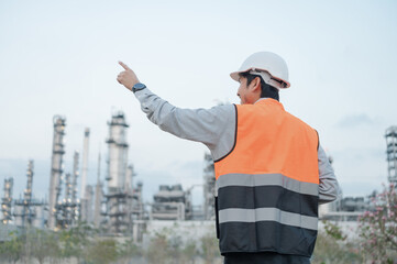 Asian male engineer standing and inspecting work with his finger pointing Wearing a safety uniform, standing in front of an oil refinery with a walkie-talkie device. Ordering work at an oil refinery