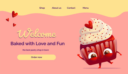 A playful illustration for a main screen featuring a cheerful Red Velvet cupcake character with a friendly smile and a waving hand. Perfect for apps, websites, or dessert-themed projects.