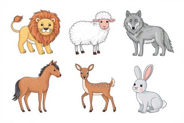 Fototapeta premium Adorable Cartoon Animals Collection Featuring Six Different Species