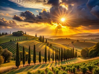 Silhouette of Cypress Trees at Sunset, Tuscan Countryside, Italy