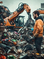 Engineer testing advanced waste to energy prototypes on site at a busy recycling plant surrounded by piles of reusable waste materials and cutting edge robotic arms