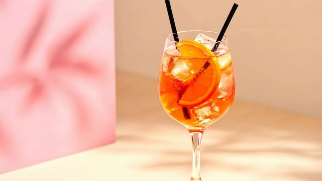 Refreshing aperol spritz cocktail with orange slices and ice cubes on pink background. Summer drink in wine glass with black straws. Trendy shadow play