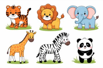 Obraz premium Adorable Cartoon Animals Set in Grassy Patches