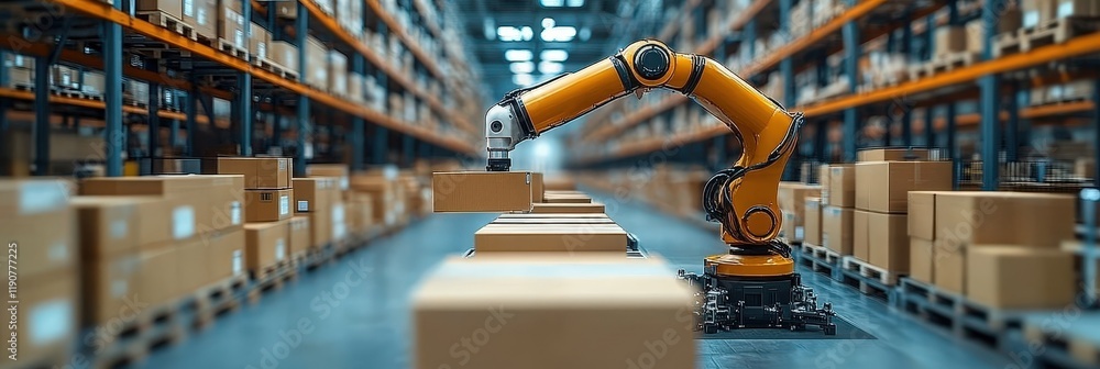 Poster robotic arm in a smart warehouse handling packages efficiently with modern technology for inventory 