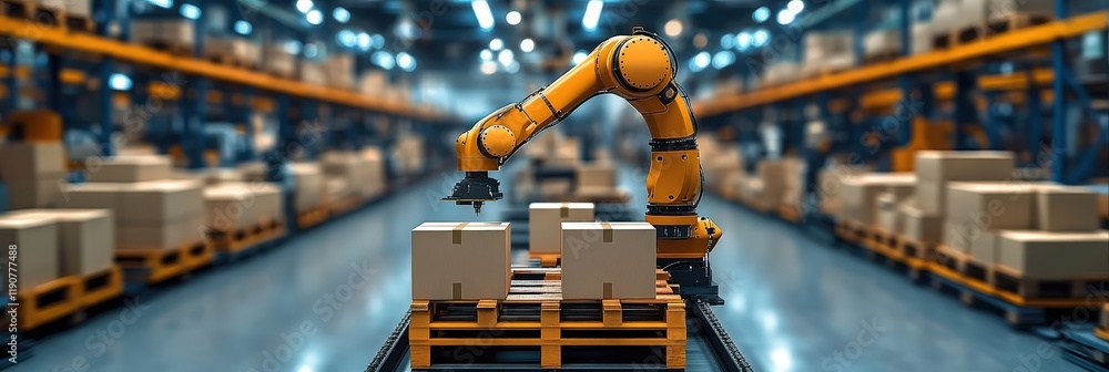 Poster smart warehouse automation with robotic arm handling packages in modern distribution center environm