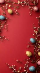 Minimalist Border Design Featuring Colorful Easter Eggs and Delicate Floral Accents for Celebrating Chinese New Year and Easter Festivities