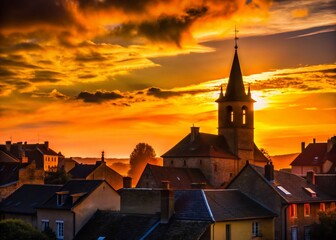 Fototapeta premium Silhouette of Historic Rions Village, France, Church Tower at Sunset