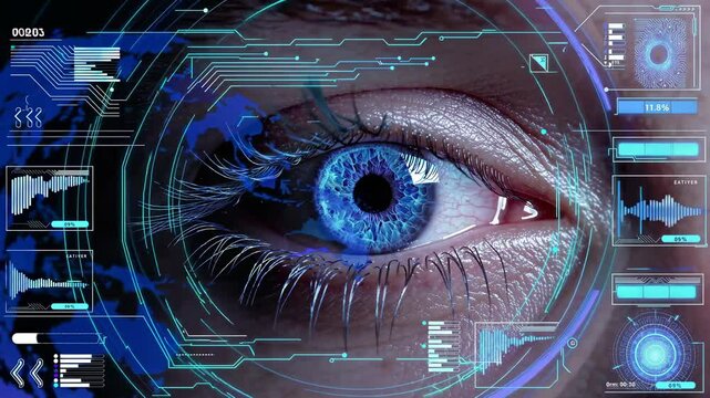 Exploring advanced eye recognition technology and its implications for the future. Futuristic HUD, FUI, FVX style.