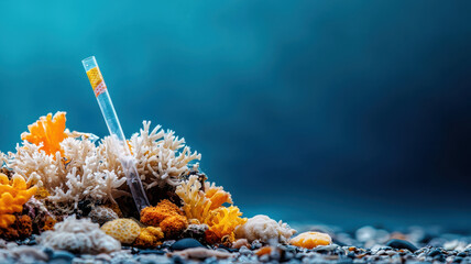 Trash on Beaches and Grand Ocean Pollution Concept, Underwater scene with colorful corals and test tube, showcasing marine life