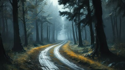 Fototapeta premium Misty forest road leads through tall trees, creating a serene and tranquil atmosphere for exploration and relaxation