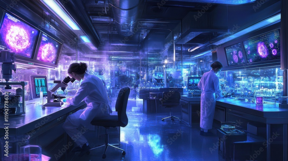 Aufkleber a high-tech biotech lab with scientists using advanced microscopes to study cell cultures