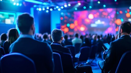 A bustling industrial AI (Artificial Intelligence) innovation summit with industry leaders discussing the impact of AI on future manufacturing and logistics, AI innovation summit scene