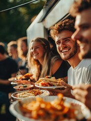 Young people having fun eating at food truck restaurant outdoor - Focus on right man face