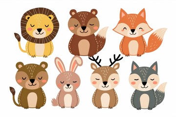 Obraz premium Adorable Cartoon Animals Sitting Together In A Row