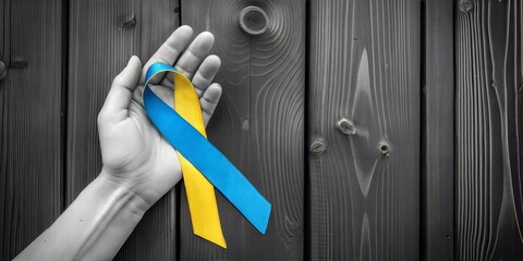 Hand presenting blue and yellow ribbon symbolizing World Down Syndrome Day against a monochrome background 