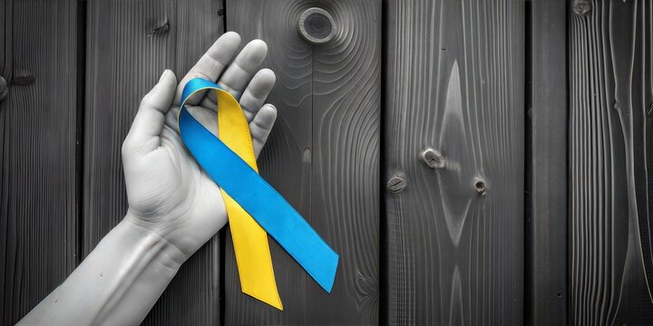 Hand presenting blue and yellow ribbon symbolizing World Down Syndrome Day against a monochrome background 