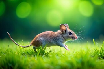 Gray Wild Mouse Running on Green Grass - Left-Aligned Stock Photo