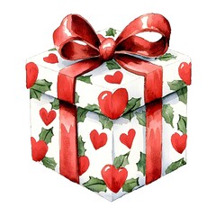 Festive gift box with hearts and holly holiday celebration digital artwork cheerful atmosphere close-up view seasonal joy
