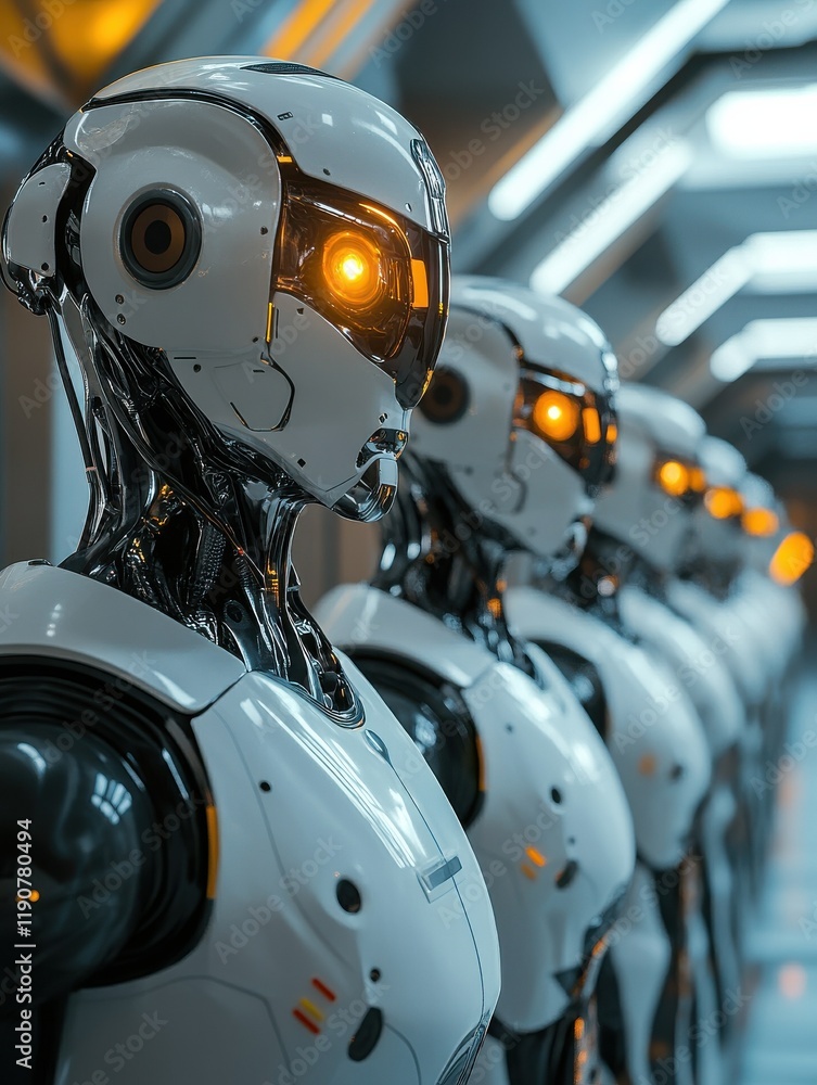 Poster robotic creatures with glowing eyes in a modern technological facility showcase advanced automation 
