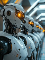 Fototapeta premium Robotic creatures with glowing eyes in a modern technological facility showcase advanced automation and design