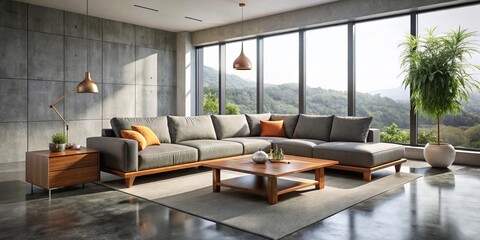 Silhouette Photography: Modern Minimalist Living Room with Gray Sectional Sofa & Concrete Floor