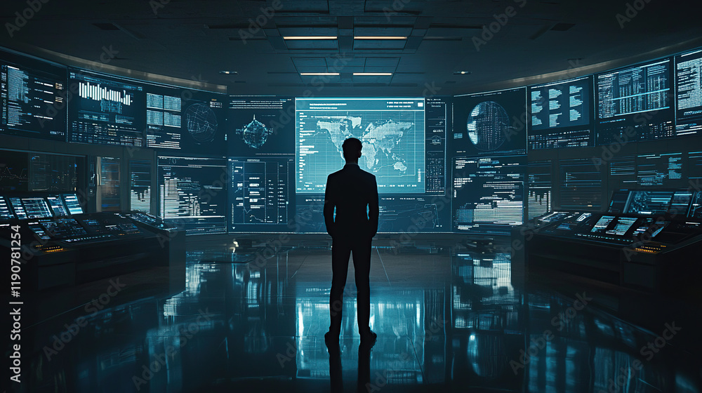 Poster silhouette of man in futuristic control room with many screens displaying data.