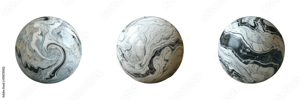 Poster marble texture sphere with gray swirls isolated on transparent background